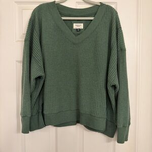 Aerie Big Hug V-Neck Waffle Sweater, Pine, size S